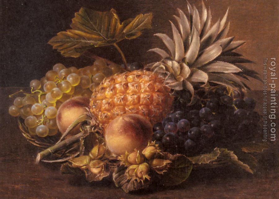 Johan Laurentz Jensen : Grapes a Pineapple Peaches and Hazelnuts In A Basket